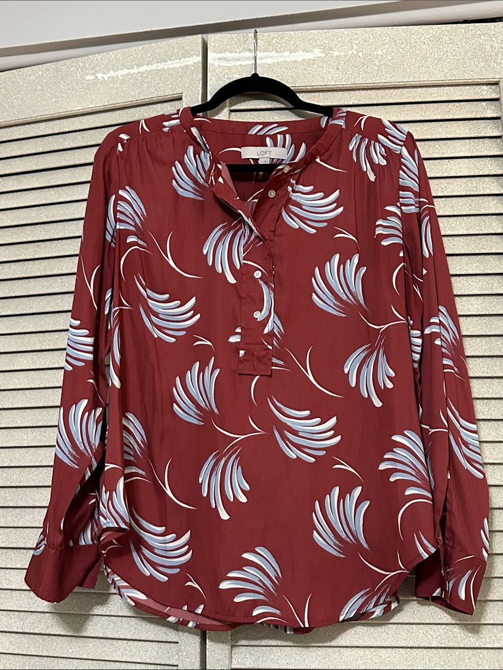 LOFT Burgundy Floral Print Henley Blouse